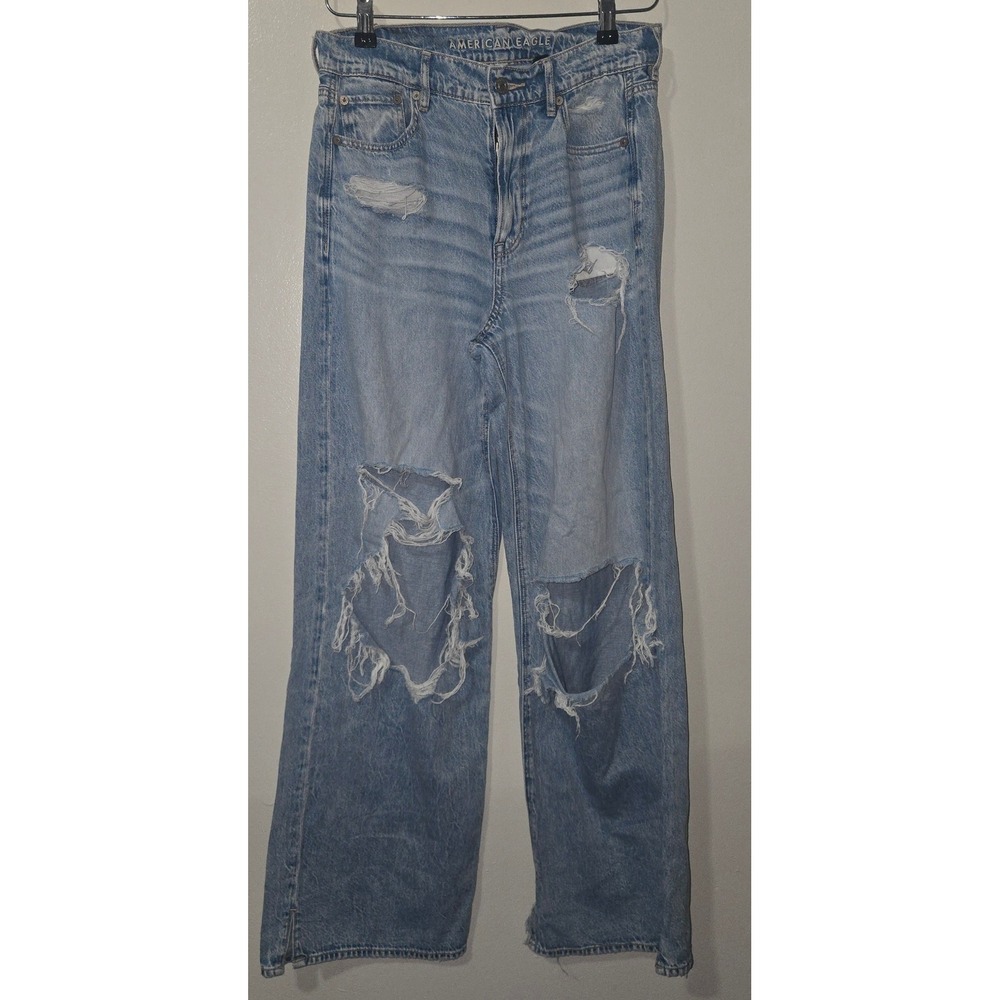 American Eagle High Rise Distressed Wide Leg Jeans Light Wash Size 4 Regular